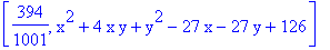 [394/1001, x^2+4*x*y+y^2-27*x-27*y+126]